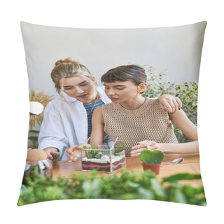 Personality  Lesbian Couple Enjoying A Creative Moment At A Table In An Art Studio. Pillow Covers