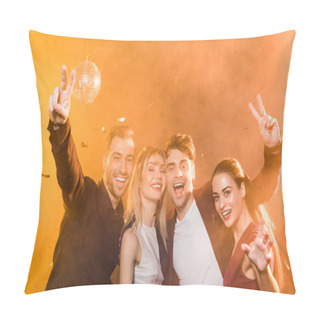 Personality  Group Of Happy Friends Looking At Camera And Showing Peace Gesture During Party Pillow Covers