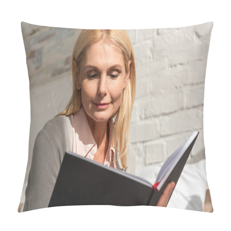 Personality  Low Angle View Of Woman Reading Notebook At Home Pillow Covers