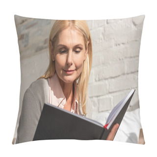 Personality  Low Angle View Of Woman Reading Notebook At Home Pillow Covers
