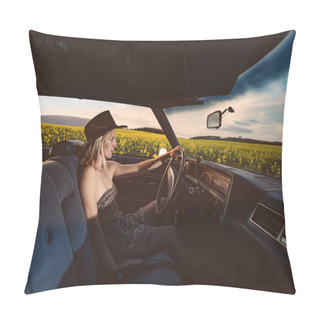Personality  Young Female Driver On Open Road. Woman Driving Vintage Car On Road Trip. Pillow Covers