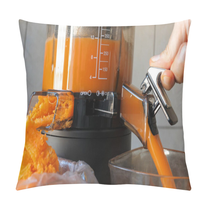 Personality  Slow Juicer Is Making Fresh Carrot And Orange Juice. Pillow Covers