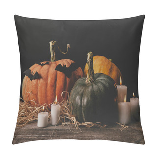 Personality  Pumpkins, Candles And Paper Bats On Wooden Table, Halloween Concept Pillow Covers