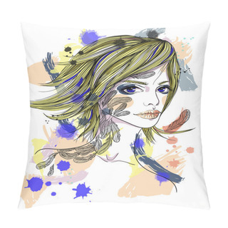 Personality  Portrait Of A Girl With A Tattoo. The Girl-bird On Abstract Background. Fashion Illustration. Print For T-shirt Pillow Covers