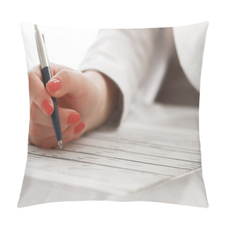 Personality  Business Woman Working With Tax Documents. Pillow Covers