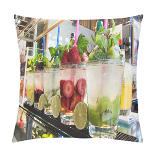 Personality  MADRID, SPAIN - FEBRUARY 12, 2017: Fresh Drinks And Cocktails At San Miguel Market At Madrid, Spain. Pillow Covers