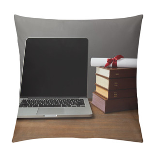 Personality  Laptop With Blank Screen, Books And Diploma On Wooden Surface Isolated On Grey Pillow Covers