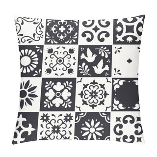 Personality  Mexican Talavera Pattern. Ceramic Tiles With Flower, Leaves And Bird Ornaments In Traditional Style From Puebla. Mexico Floral Mosaic In Black And White. Folk Art Design. Pillow Covers