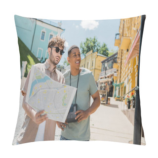 Personality  Joyful African American Tourist With Vintage Camera Looking Away Near Tour Guide With City Map On Andrews Descent In Kyiv Pillow Covers