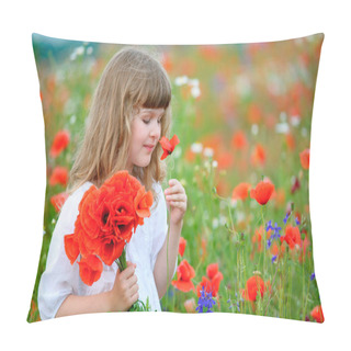 Personality  Cute Kid With Poppies At The Blooming Field Pillow Covers