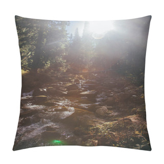 Personality  Beautiful Mountain Waterfall In Forest Under Sunlight, Carpathians, Ukraine Pillow Covers