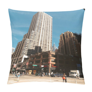 Personality  NEW YORK, USA - OCTOBER 11, 2022: Low Angle View Of Atlas Building In Manhattan  Pillow Covers