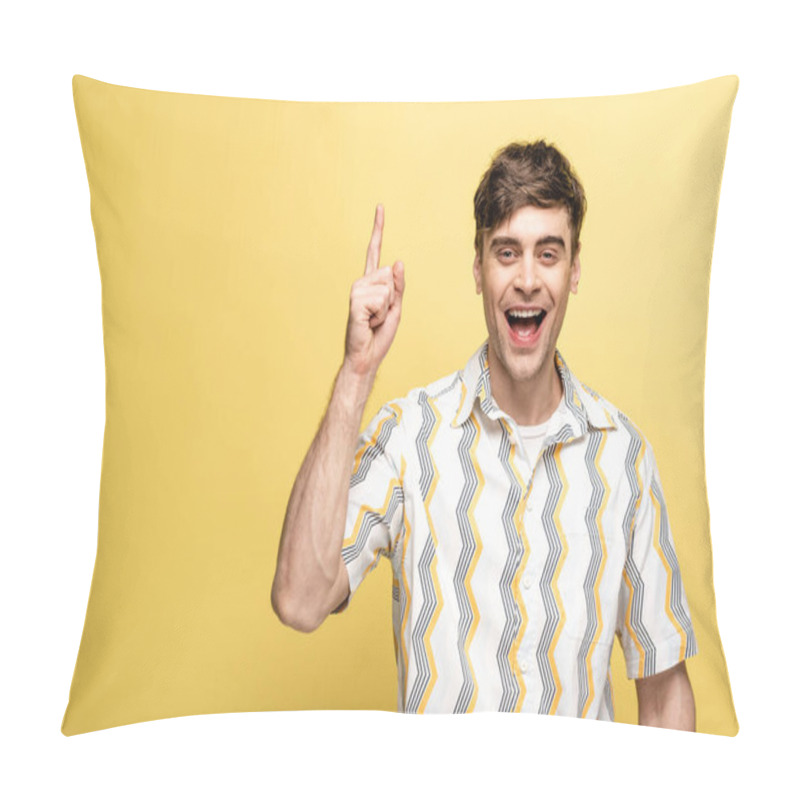 Personality  Cheerful Young Man Showing Idea Sign While Smiling At Camera On Yellow Background Pillow Covers