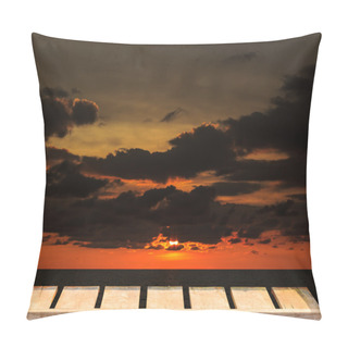 Personality  Old Wood Table And  Dust Cloud And Red Sunset Background With A Dark Color Tone  Gray To Orange Gradient  Over The Ocean. Pillow Covers