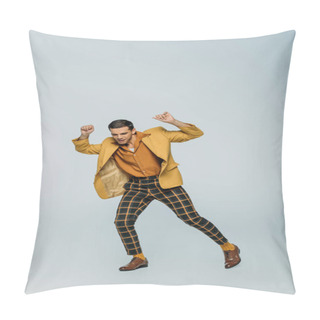 Personality  Handsome, Stylish Dancer Dancing Boogie-woogie On Grey Background Pillow Covers