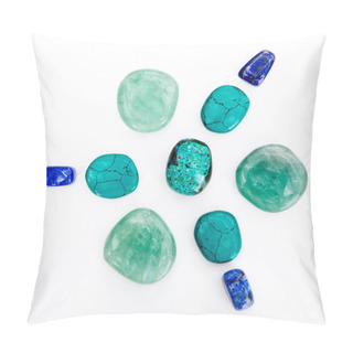 Personality  Crystal Healing Grid - Chrysocolla, Lapis Lazuli, And Flourite Crystals On White Background Pillow Covers