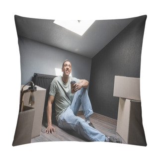 Personality  Smiling African American Man Holding Coffee To Go Near Cardboard Boxes On Attic In New House Pillow Covers