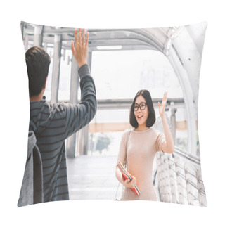 Personality  Woman Student Waving Hello With Her Friend - Friendship And Togetherness Concept Pillow Covers