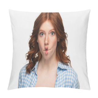 Personality  Redhead Woman In Blue Plaid Shirt Making Fish Face With Lips Isolated On White Pillow Covers