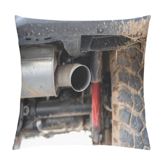 Personality  SUV Car Exhaust Muffler Or Resonator And Tip. Low Angle View, No People. Pillow Covers