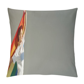 Personality  Happy And Unique Queer Person In White T-shirt Posing With Rainbow Colors LGBT Flag On Grey, Banner Pillow Covers