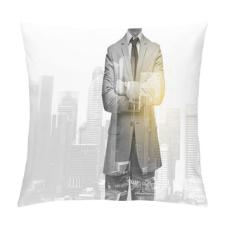 Personality  Businessman With Crossed Arms Over City Buildings Pillow Covers