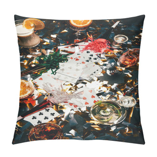 Personality  Elevated View Of Playing Cards, Alcoholic Cocktails With Orange Slices, Whiskey And Party Horns On Table Covered By Golden Confetti  Pillow Covers