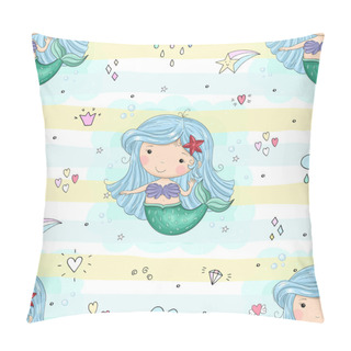Personality  Seamless Pattern With Hand Drawn Vector Little Mermaid. Cute Hand Drawn With Cute Little Mermaid Vector Seamless Pattern Illustration. Cute Cartoon Mermaid Pillow Covers