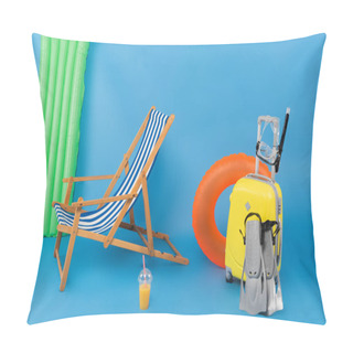 Personality  Deck Chair Near Suitcase, Swimming Goggles And Orange Juice On Blue Background  Pillow Covers