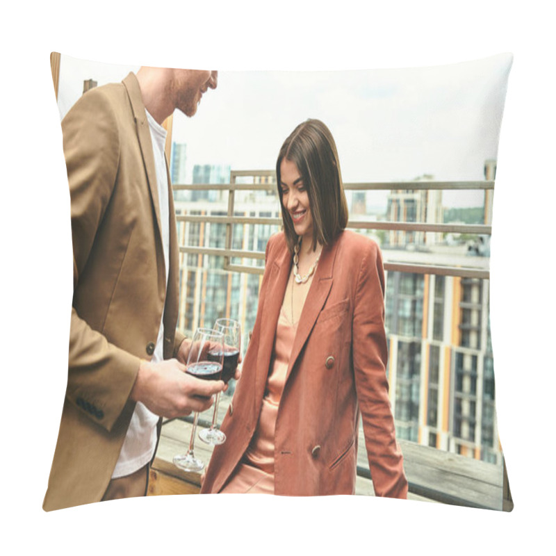 Personality  A Man Stands Gracefully Next To A Woman, Who Is Holding A Glass Of Wine In Her Hand, Both Enjoying A Moment Of Leisure Pillow Covers