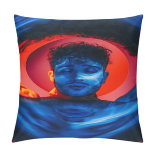 Personality  Curly And Young Man With Closed Eyed Near Neon Blue Circle On Red   Pillow Covers