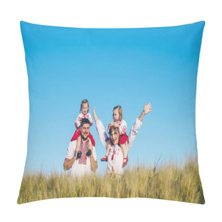Personality  A Family In A Poppy Field Dressed In A National Slavic Costume. Mom, Dad And Twin Girls In Embroidered Shirts Frolic On Sunny Day. Concept Of A Happy Childhood, History And Togetherness With Ancestors Pillow Covers