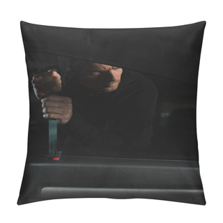 Personality  Cautious Male Thief In Black Hoodie Intruding Car By Crowbar Pillow Covers