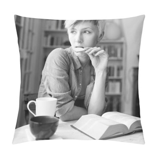 Personality  Intimate Portrait Of Beautiful Woman Having Breakfast At Home. Black And White Image.  Pillow Covers