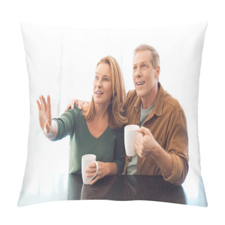 Personality  Selective Focus Of Couple Holding Coffee Cups While Woman Pointing With Hand  Pillow Covers