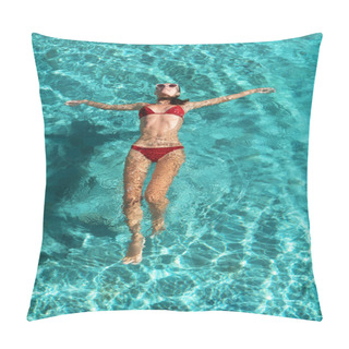 Personality  A Beautiful Young Slim Sporty Woman In A Red Bikini Relaxes On Azure Water On A Tropical Island. Travel Concept Pillow Covers