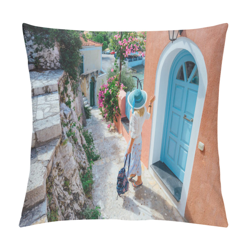 Personality  Adult female on summer vacation in Greece looking towards wonderful summer day. Cute woman leaving the house and exploring the town. Travel vacation, lifestyle carefree joy concept pillow covers