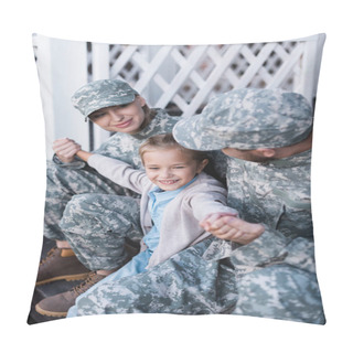 Personality  Happy Military Father And Mother With Daughter Sitting On House Threshold On Blurred Background Pillow Covers