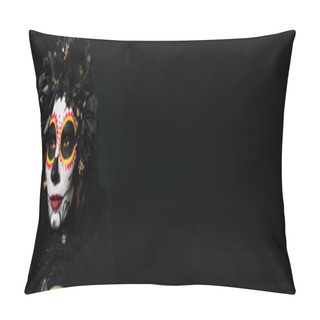 Personality  Woman In Black Wreath And Sugar Skull Makeup Looking Away Black On Dark Green Background, Banner  Pillow Covers