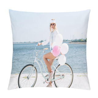 Personality  Side View Of Happy Blonde Girl Riding Bicycle With Balloons Near River In Summer Pillow Covers