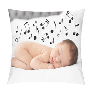 Personality  Cute Newborn Baby Sleeping On Bed And Flying Music Notes. Lullaby Song Pillow Covers
