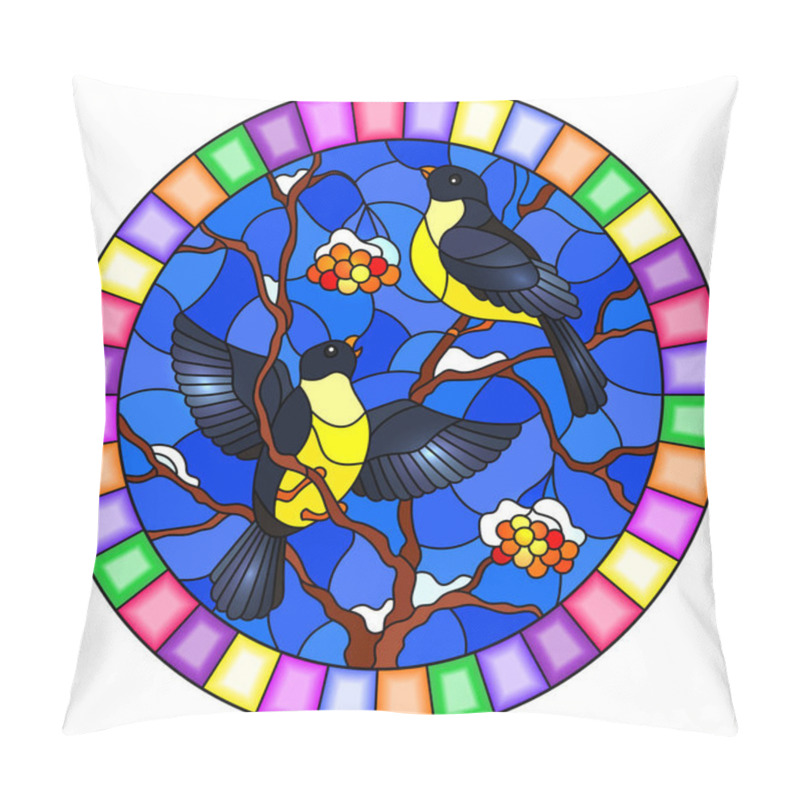 Personality  Illustration in stained glass style with a pair of great Tits birds on the branches of a Rowan tree on the background of snow, berries and sky, round image in bright fram pillow covers