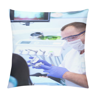 Personality  Portrait Of A Dentist Who Treats Teeth Of Young Woman Patient Pillow Covers
