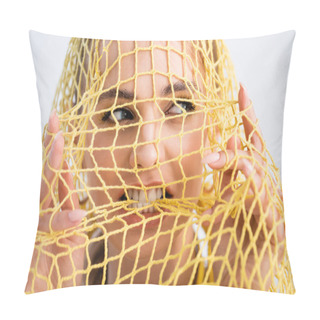 Personality  Woman Biting Yellow String Bag On White Background Pillow Covers