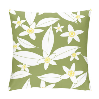 Personality  Seamless Pattern Of Orange Blossom Flowers Outlines On Green Background Pillow Covers