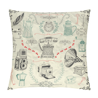 Personality  Vector Vintage Icons And Objects On Crumpled Paper Pillow Covers