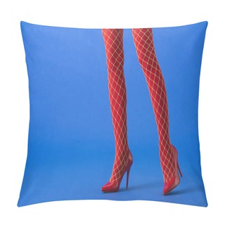 Personality  Cropped View Of Woman In Fishnet Tights And Red Heels Posing On Blue  Pillow Covers