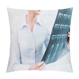 Personality  Cropped Shot Of Female Doctor Examining Mri Scan Pillow Covers