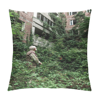 Personality  Retired Man In Glasses Looking At House Overgrown With Leaves Pillow Covers