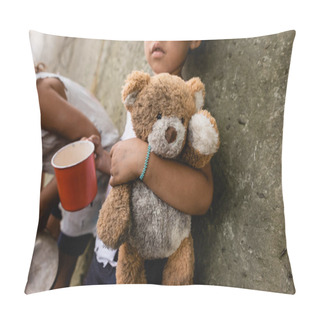 Personality  Cropped View Of Homeless African American Children With Dirty Teddy Bear Begging Alms In Slum  Pillow Covers